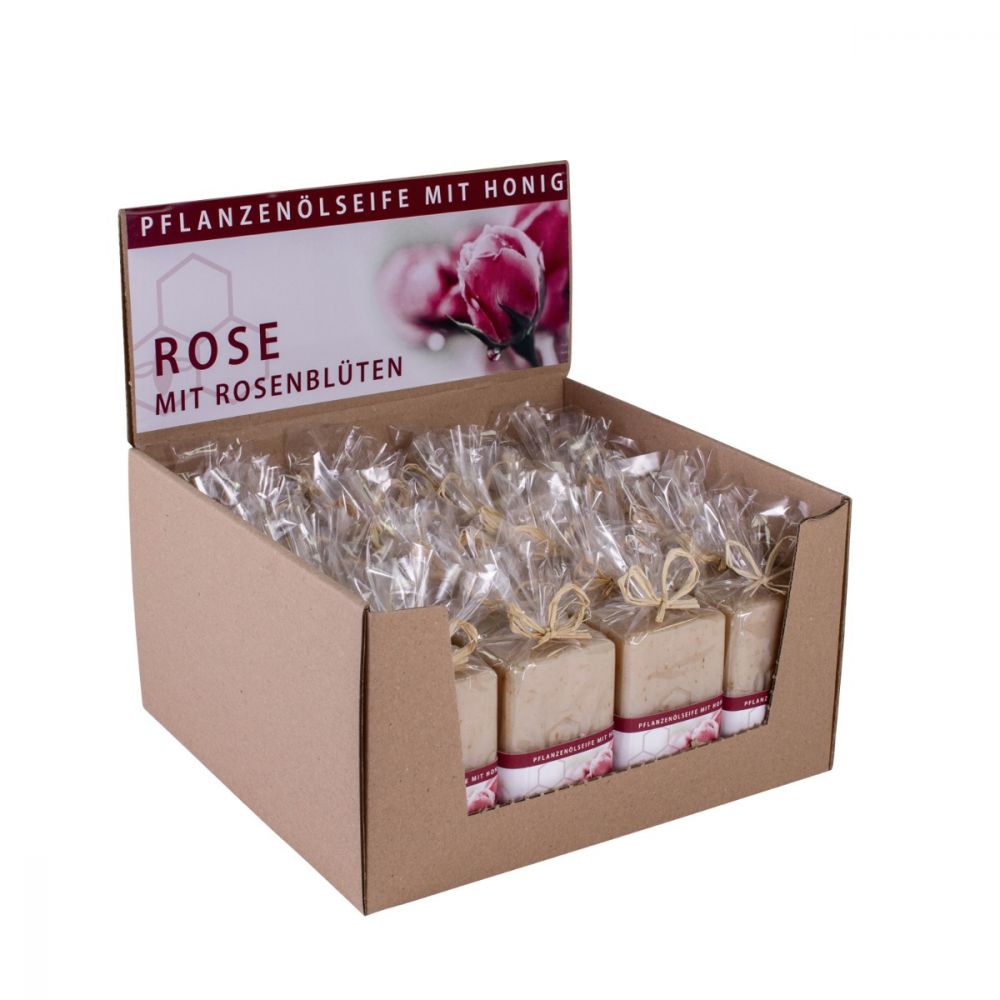 Aufsteller mit 24 Rosen/Blütenseifen dekoriert